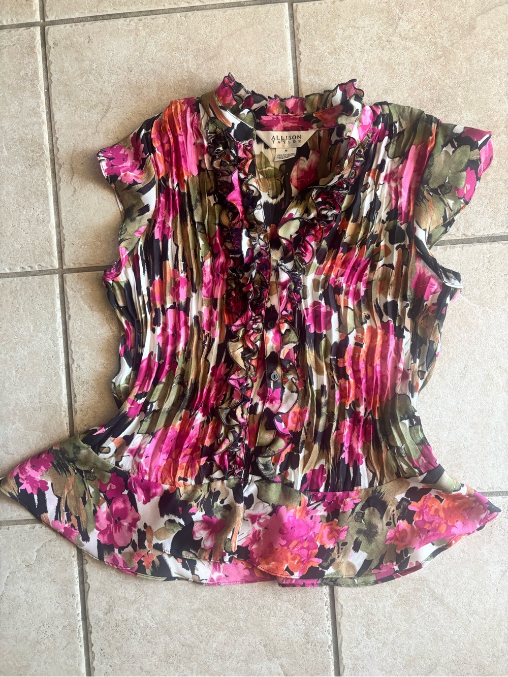 Allison Taylor Floral Ruffle Cap-Sleeve Blouse — Pink, Olive & Black